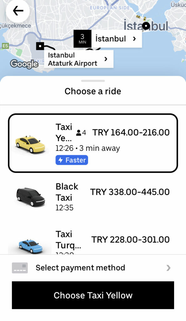 Screenshot of Uber App from Istanbul