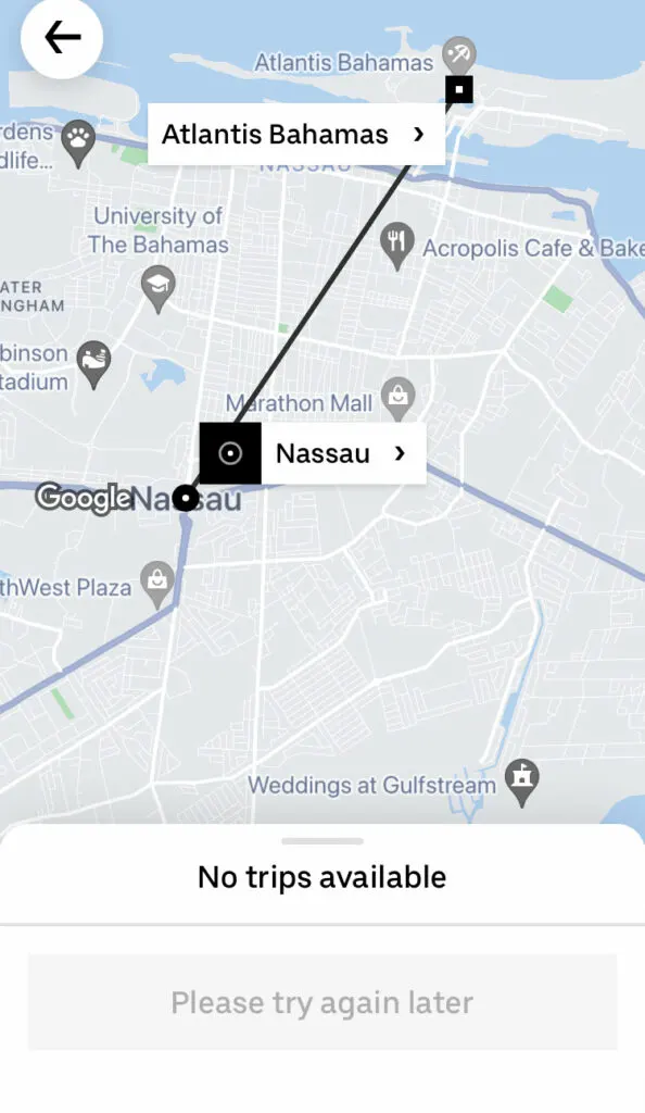 Screenshot of Uber App from Nassau Bahamas