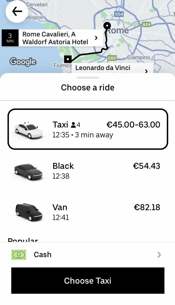 Screenshot of Uber App from Rome