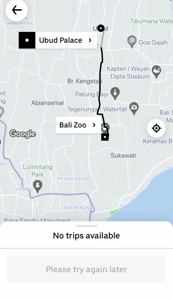 Screenshot of Uber App from Ubud Bali