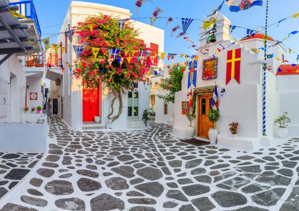 Iconic cobble stoned streets of Mykonos
