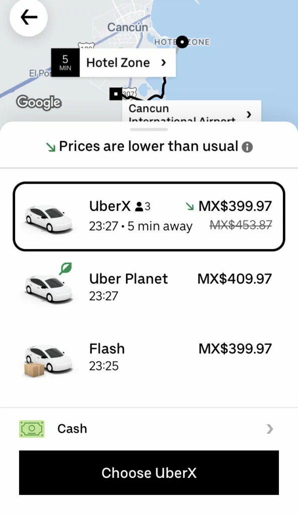 Screenshot of Uber App from Cancun Hotel Zone.